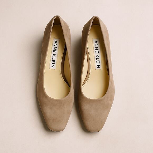 Anne Klein suede block-heel pumps taupe square toe 7.5M classic work minimalist - Picture 1 of 10